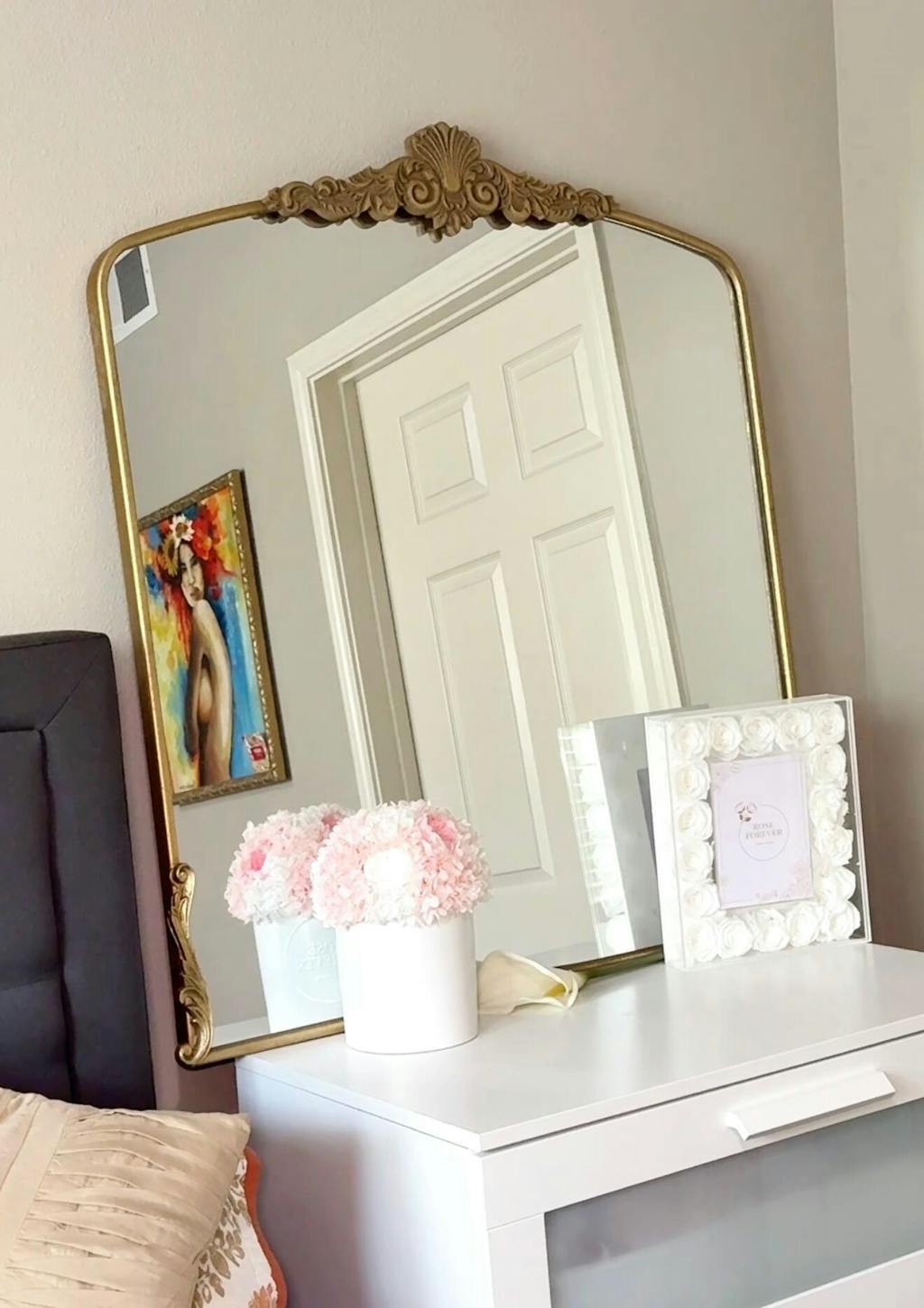 Opulence 37 in. W x 40 in. H Baroque Carved Vintage Gold Arched Framed Wall Bathroom Vanity Mirror #30002