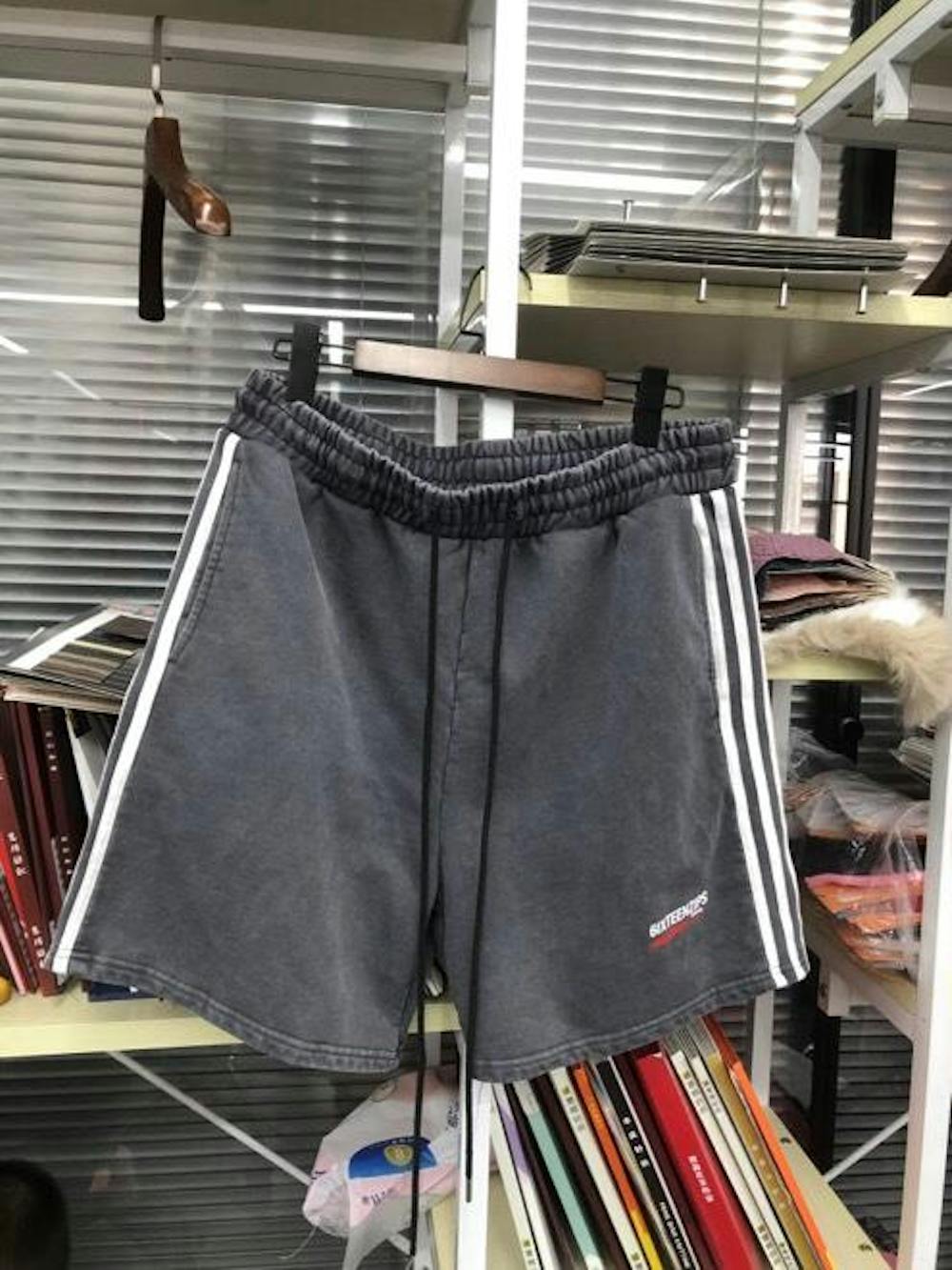 "Exotic Cannabis Club" Charcoal Acid Wash Striped Shorts