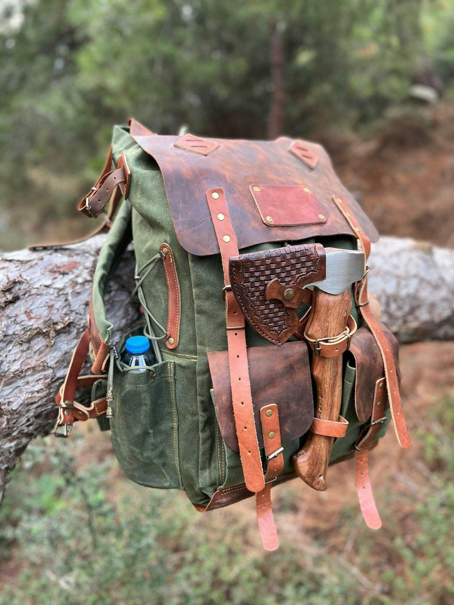 50L | Black-Brown-Green | Bushcraft Handmade Waxed Canvas Backpack | D