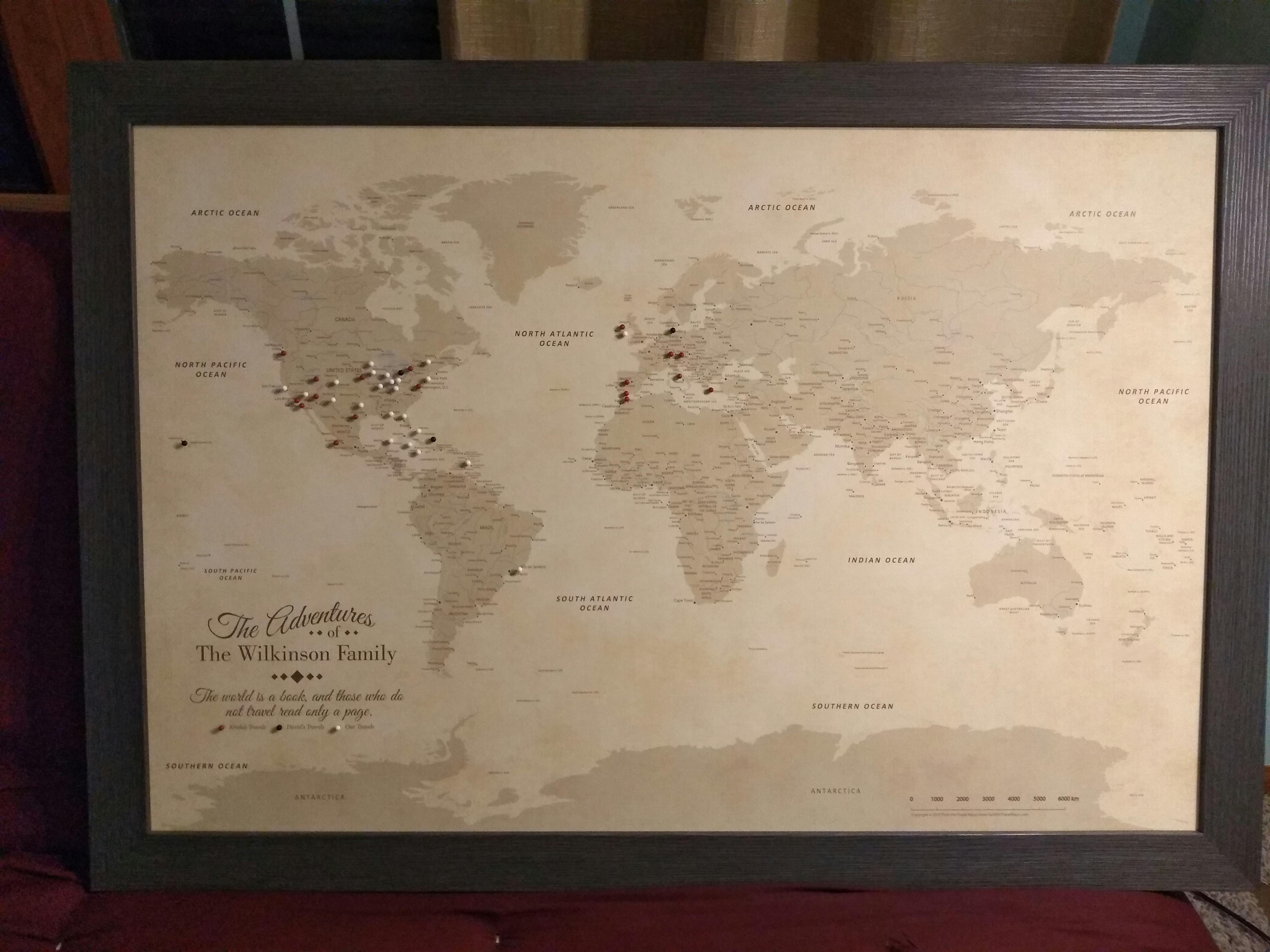 earth tone world travel map with pins