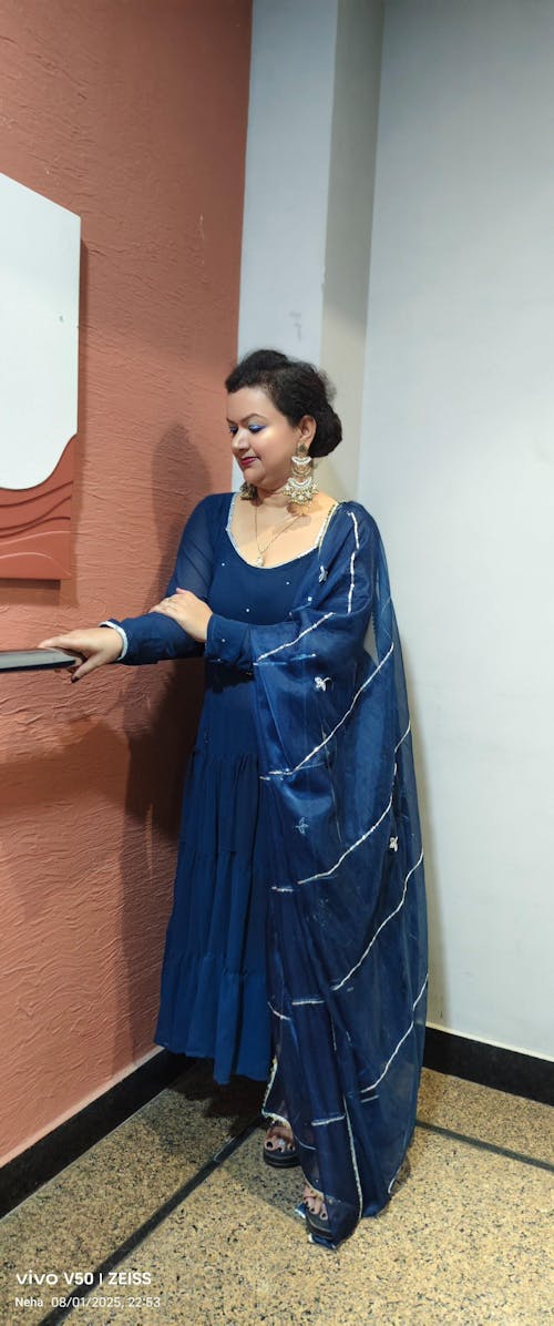 Midnight Blue Satin Embroidered Blouse