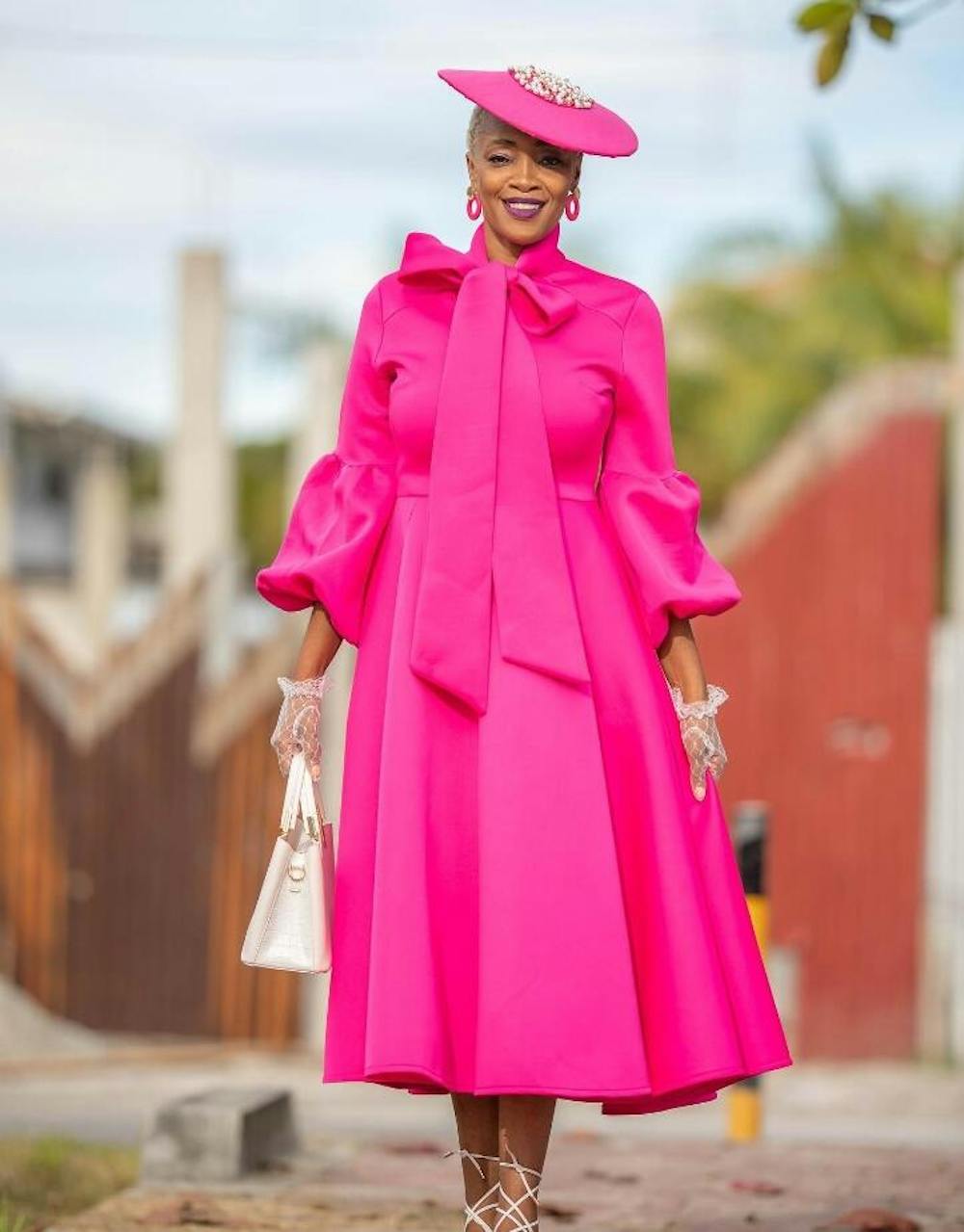 Bow Neck Lantern Sleeve A-line Dress