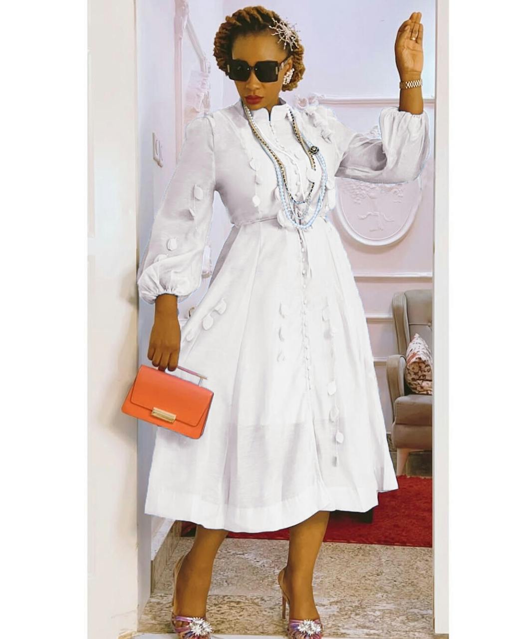 High Neck Hollow Out Lantern Sleeve Dress