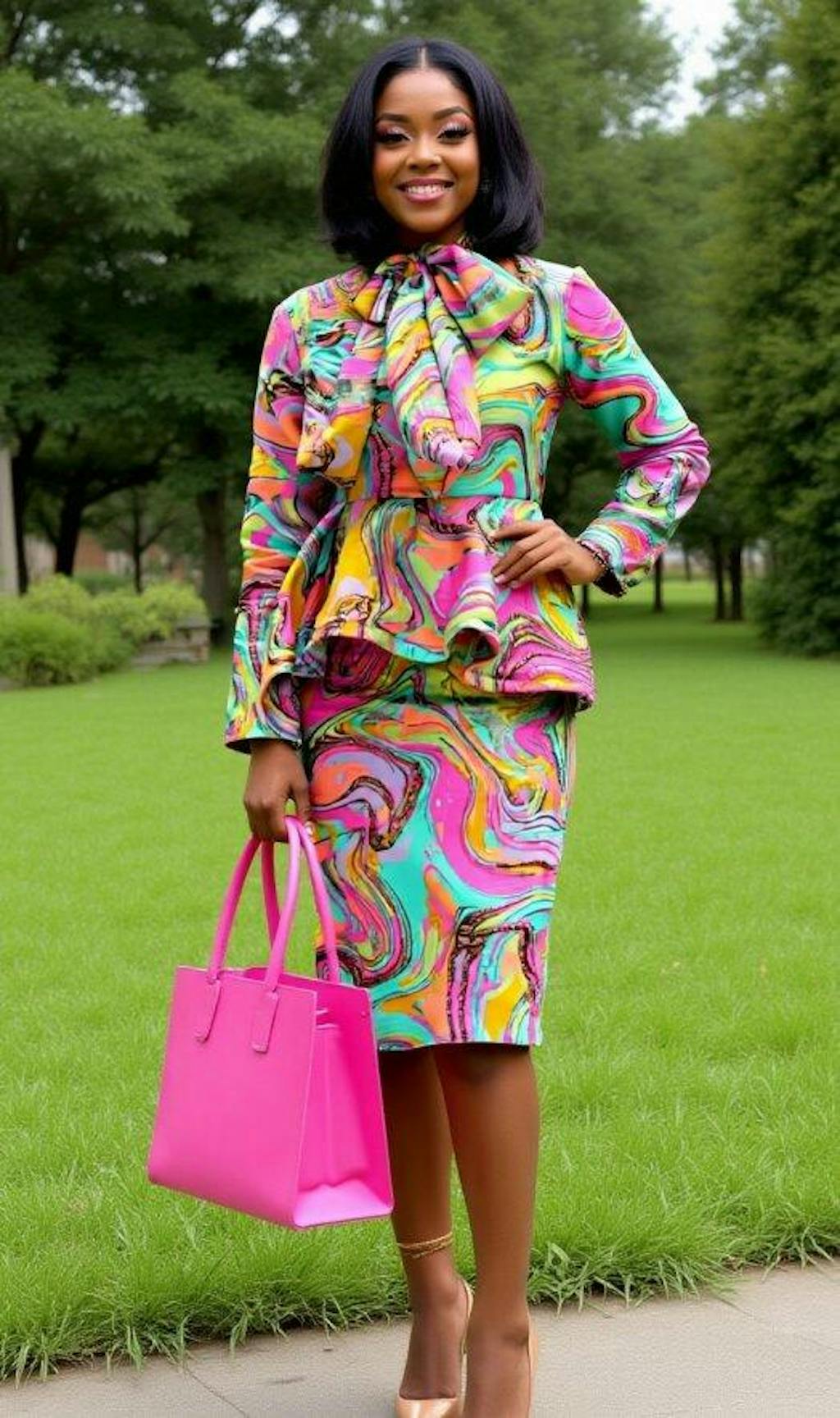 Elegant Watercolor Print Bow Tie Skirt Set