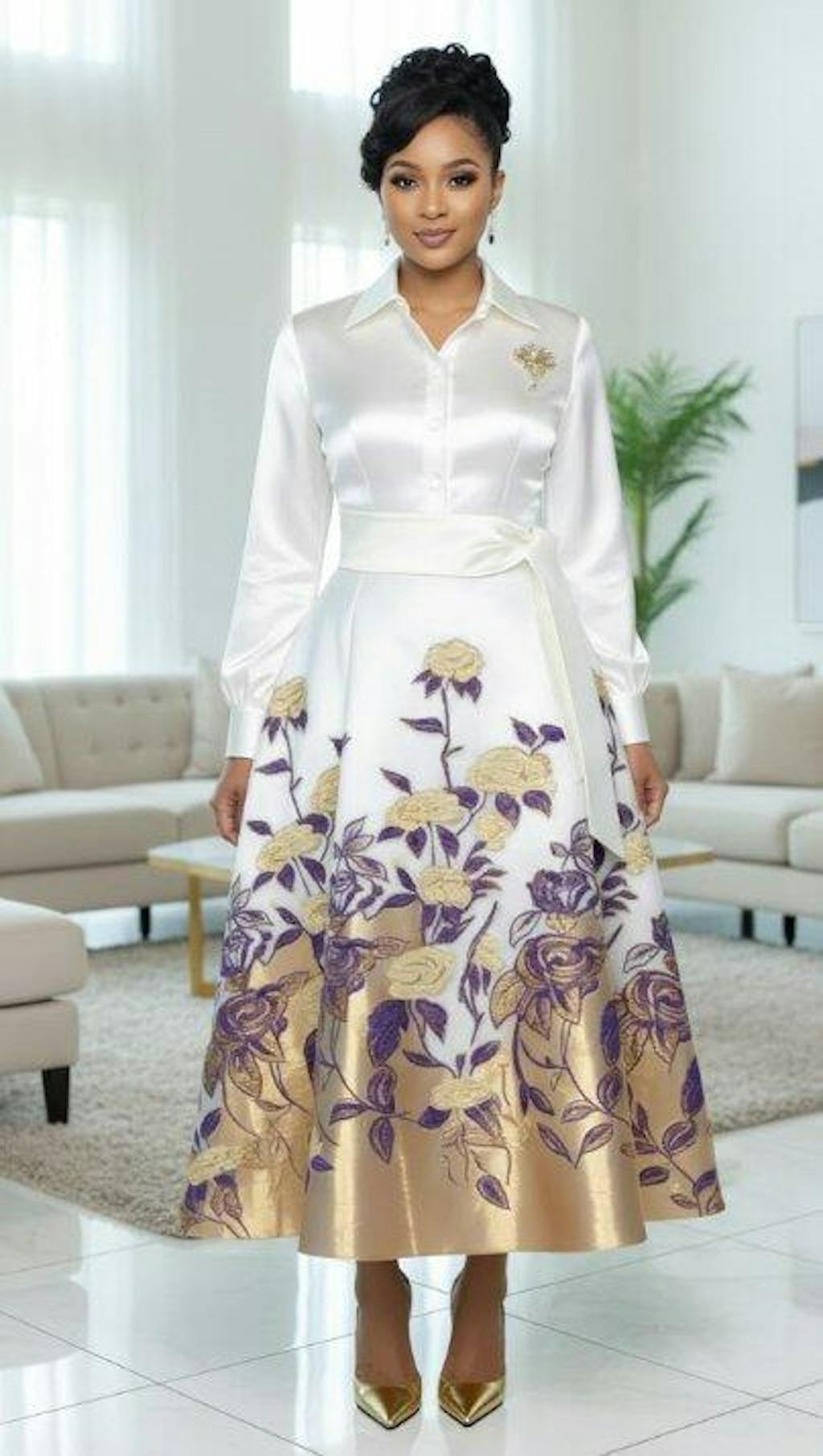 Elegant Flower Pattern Belted Dress