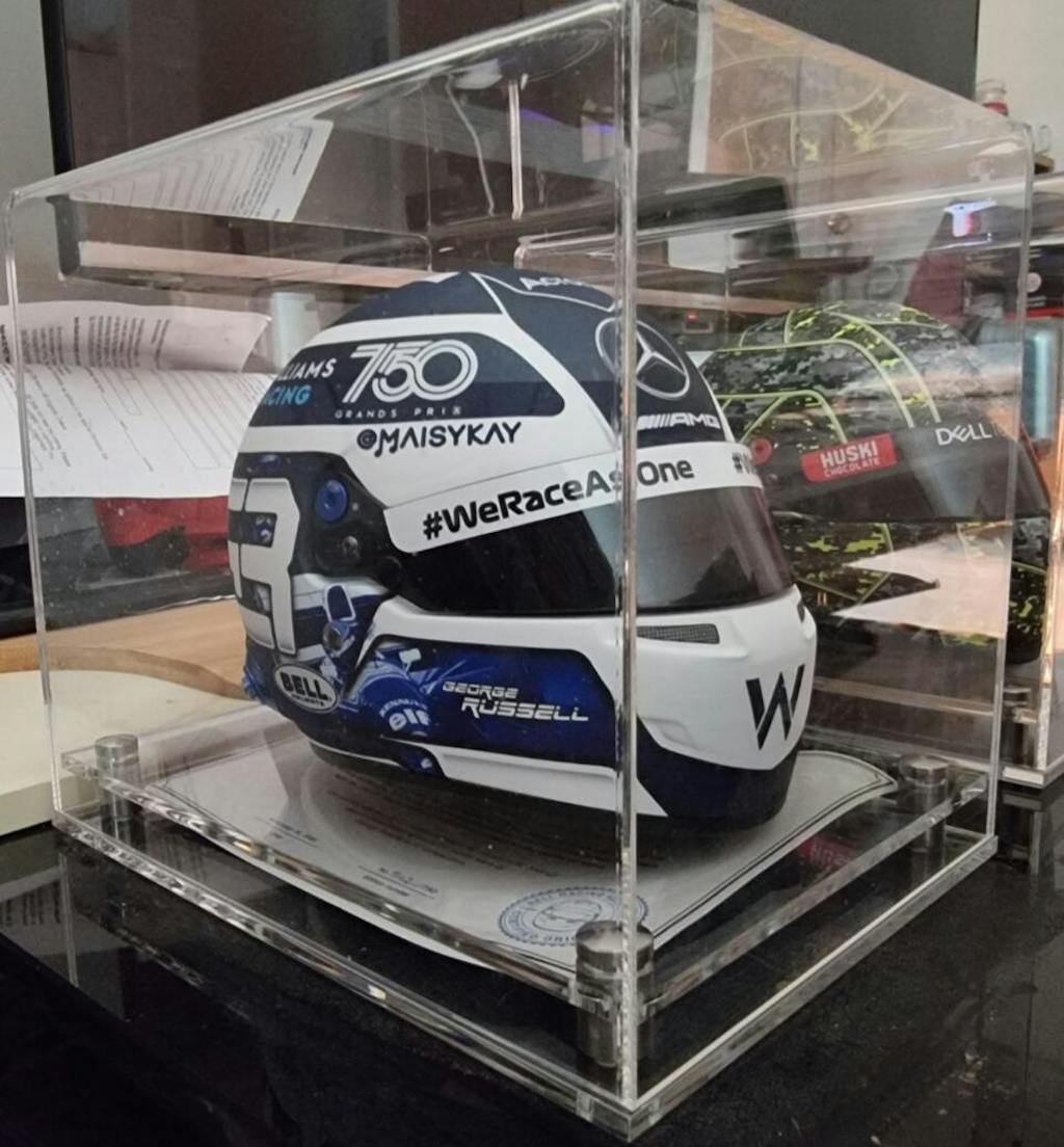 Half Scale F1 Helmet Display Case with a Modern Base