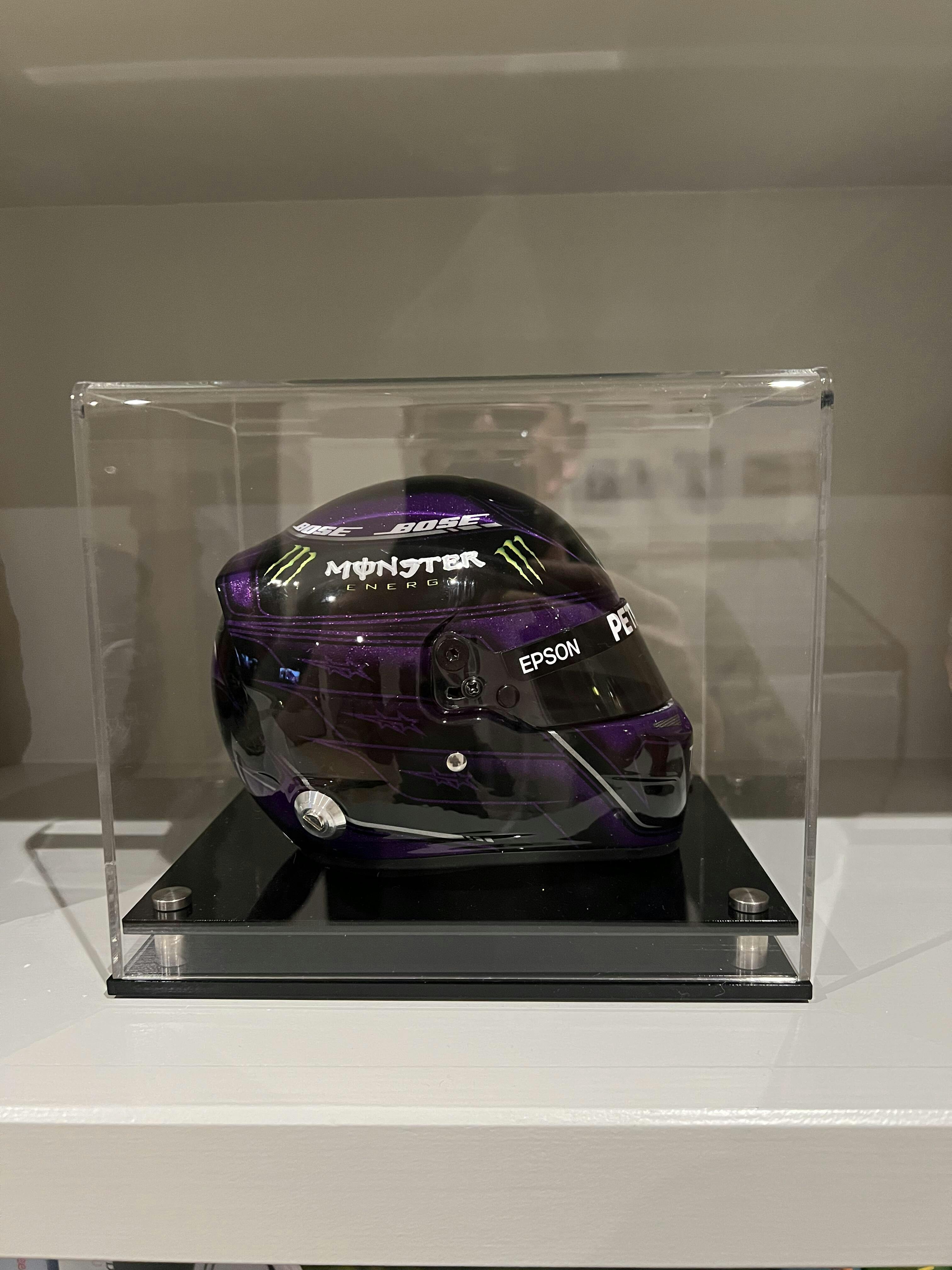 Half Scale F1 Helmet Display Case with a Modern Base
