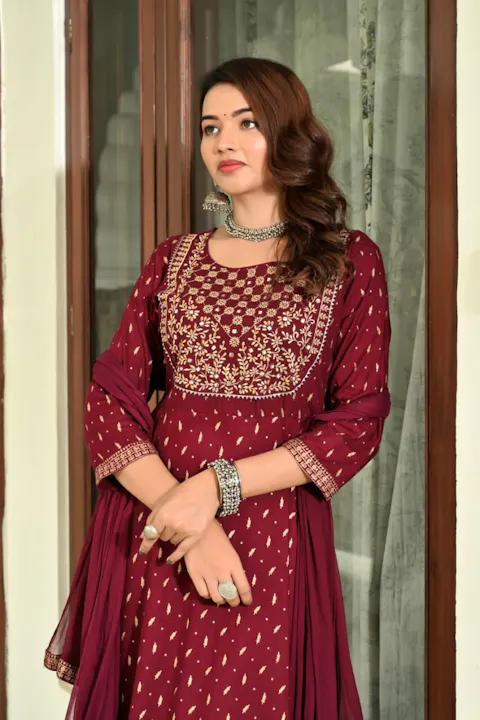 Maroon Women Pure cotton kurta Pant dupatta Set