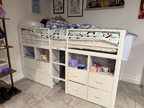 ADORNEVE Loft Bed Twin Size with 8 Storage Drawers and Bookcase Metal Kids Loft Bed with LED Lights and Safety Guardrail
