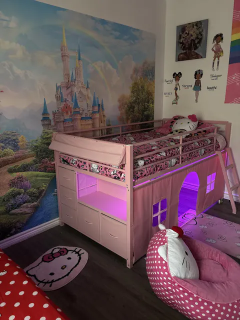 ADORNEVE Loft Bed Twin Size with Bookcase and Tent Metal Kids Loft Bed with 5 Storage Drawers LED Lights and Safety Guardrail