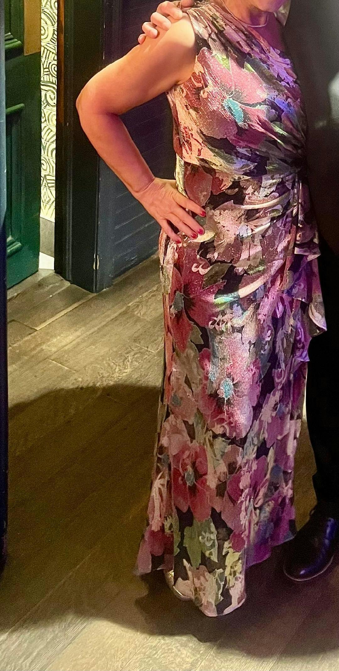 Sleeveless Asymmetrical Metallic Floral Gown In Navy Pink