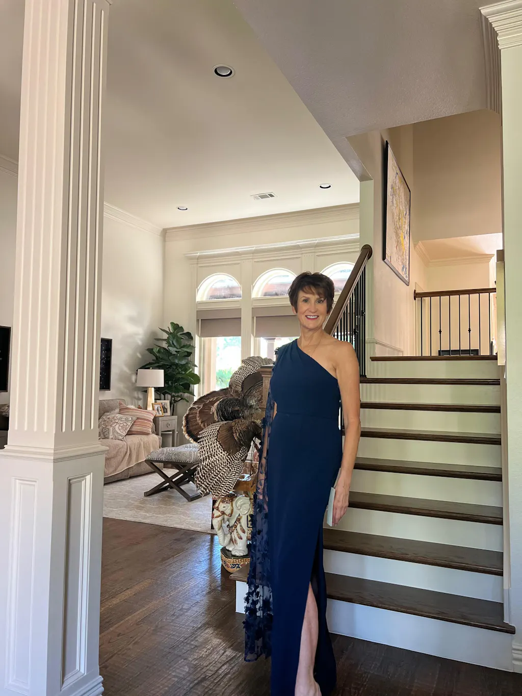 Navy One Shoulder Floral Cape Sleeve Dress - Adrianna Papell