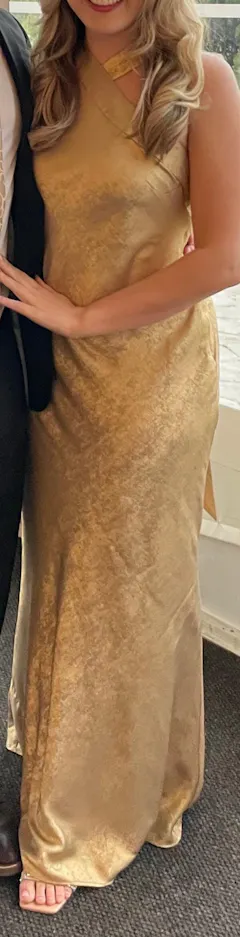 Adrianna Papell Foiled Mermaid Gown With Halter Neckline - Light Gold Adrianna Papell Foiled Mermaid Gown With Halter Neckline - Light Gold