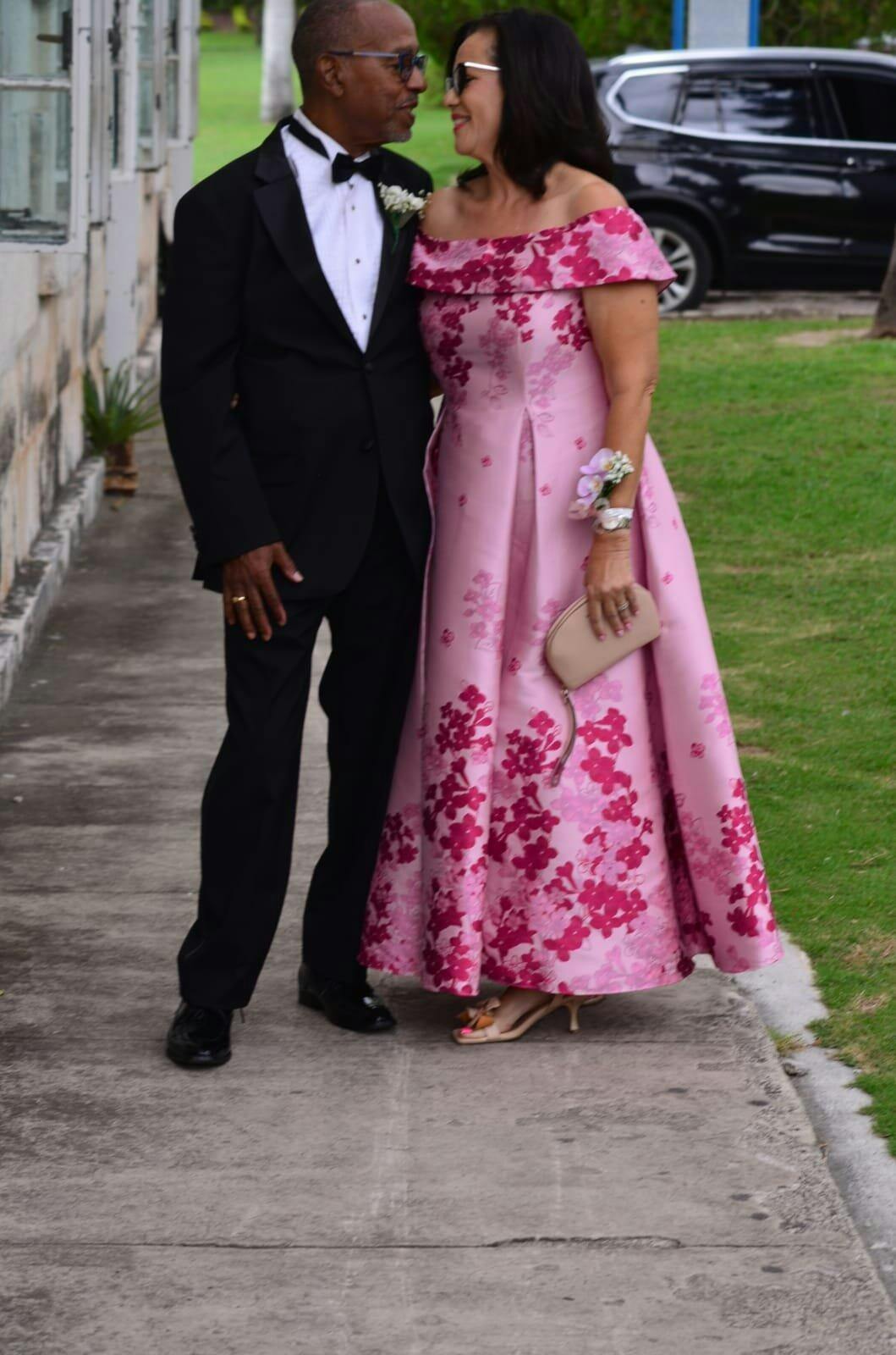 Pink Floral Jacquard Ankle Length Dress With Off The Shoulder