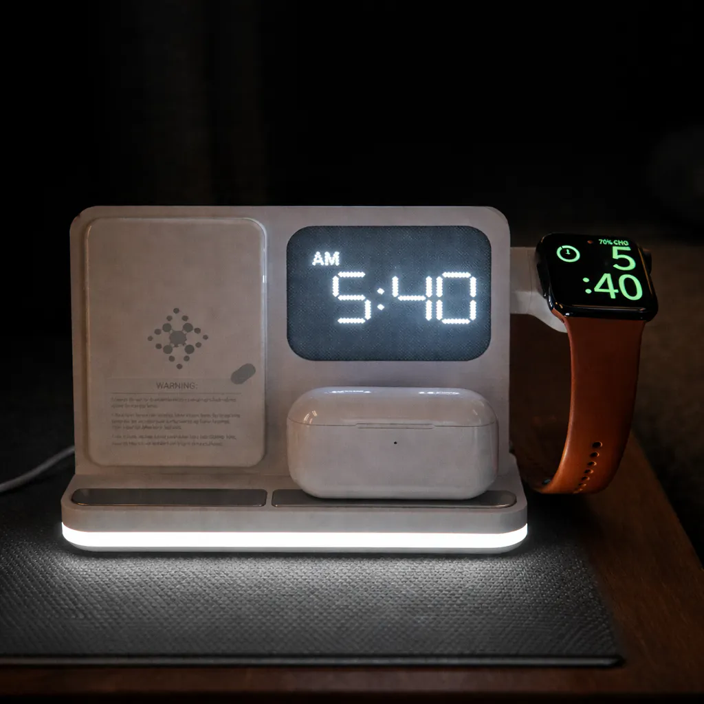 6-in-1 Wireless Charging Station with Alarm Clock & LED Light – Phone, Watch & Earbuds Charger