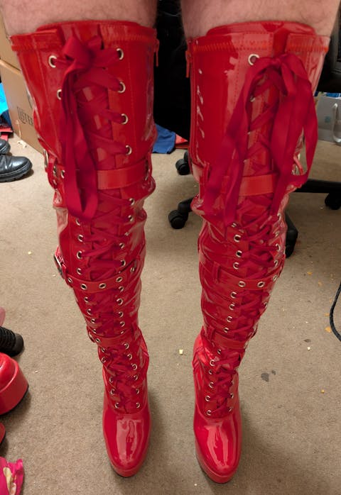 Pleaser Electra 3028 Womens 5" Heel, Platform Front Lace, Stretch Fit Thigh-High Boots with Buckles