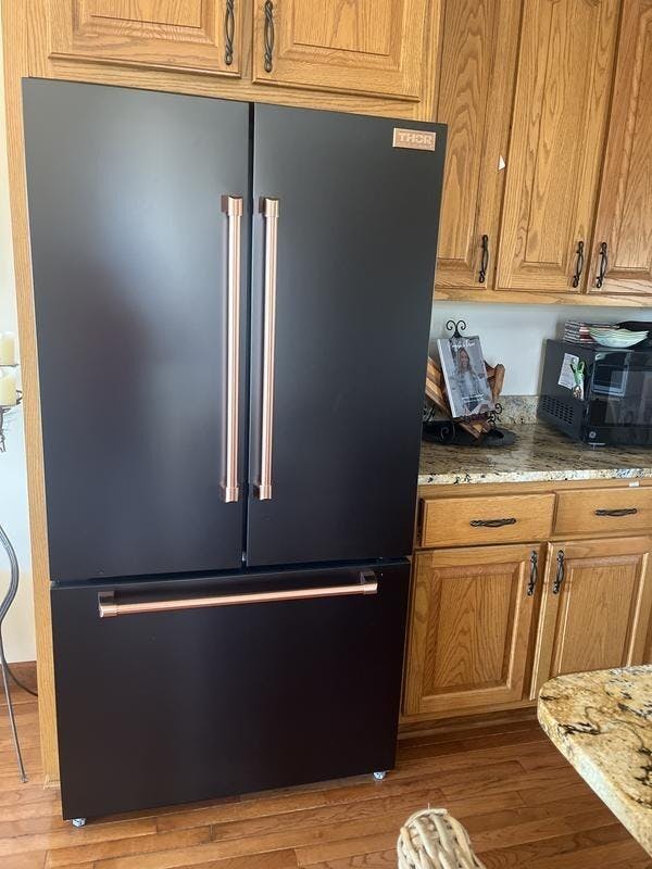 Gordon Ramsay by THOR Kitchen 36" 20.3 cu. ft. French Door Counter Depth Refrigerator with Ice Maker in Matte Black with Rose Gold Accents, RF3621CTD00-RSG