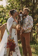 Bohemian Rust Floral Embroidered Wedding Dress with Dramatic Wing Sleeves