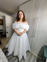 Ruffled Neckline Off Shoulder Organza Tea Length Dress