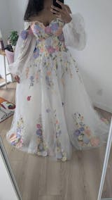 Colorful Floral Wedding Dress with Detachable Puffy Sleeves
