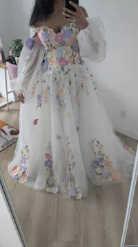 Colorful Floral Wedding Dress with Detachable Puffy Sleeves