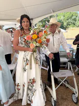 Forest Floral Chiffon Wedding Dress with Off Shoulder Embroidered Bodice