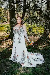 Forest Floral Chiffon Wedding Dress with Off Shoulder Embroidered Bodice