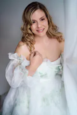 Floral Organza Wedding Dress with Long Sleeve and Green Flower Print