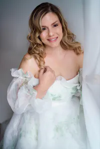 Floral Organza Wedding Dress with Long Sleeve and Green Flower Print