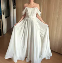 Simple Off Shoulder Chiffon Wedding Dress with Flowy A Line Silhouette