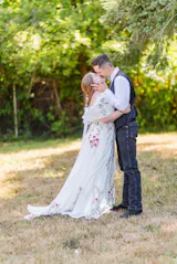 Floral A Line Wedding Dress with Flutter Sleeve and Open Back