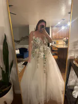 Rustic Floral Wedding Dress with Colorful Wildflower Appliques and Deep V-Neck