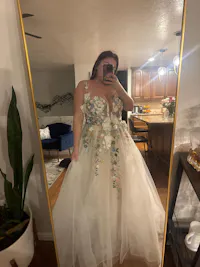 Rustic Floral Wedding Dress with Colorful Wildflower Appliques and Deep V-Neck