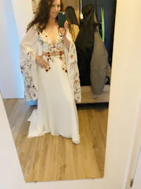 Bohemian Rust Floral Embroidered Wedding Dress with Dramatic Wing Sleeves