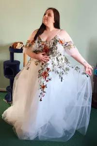 Romantic Wedding Dress with Colorful Embroidered Flowers and Flutter Sleeve
