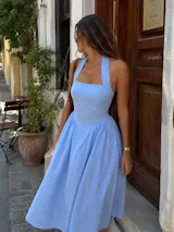 Powder Blue Linen Halter Midi Dress