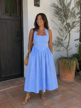 Powder Blue Linen Halter Midi Dress