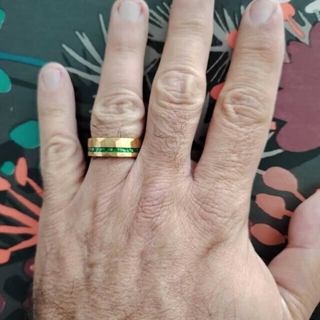 Gold Hammered Tungsten Wedding Ring with Crushed Green Emerald, 8mm Tungsten Carbide Promise Ring for Men