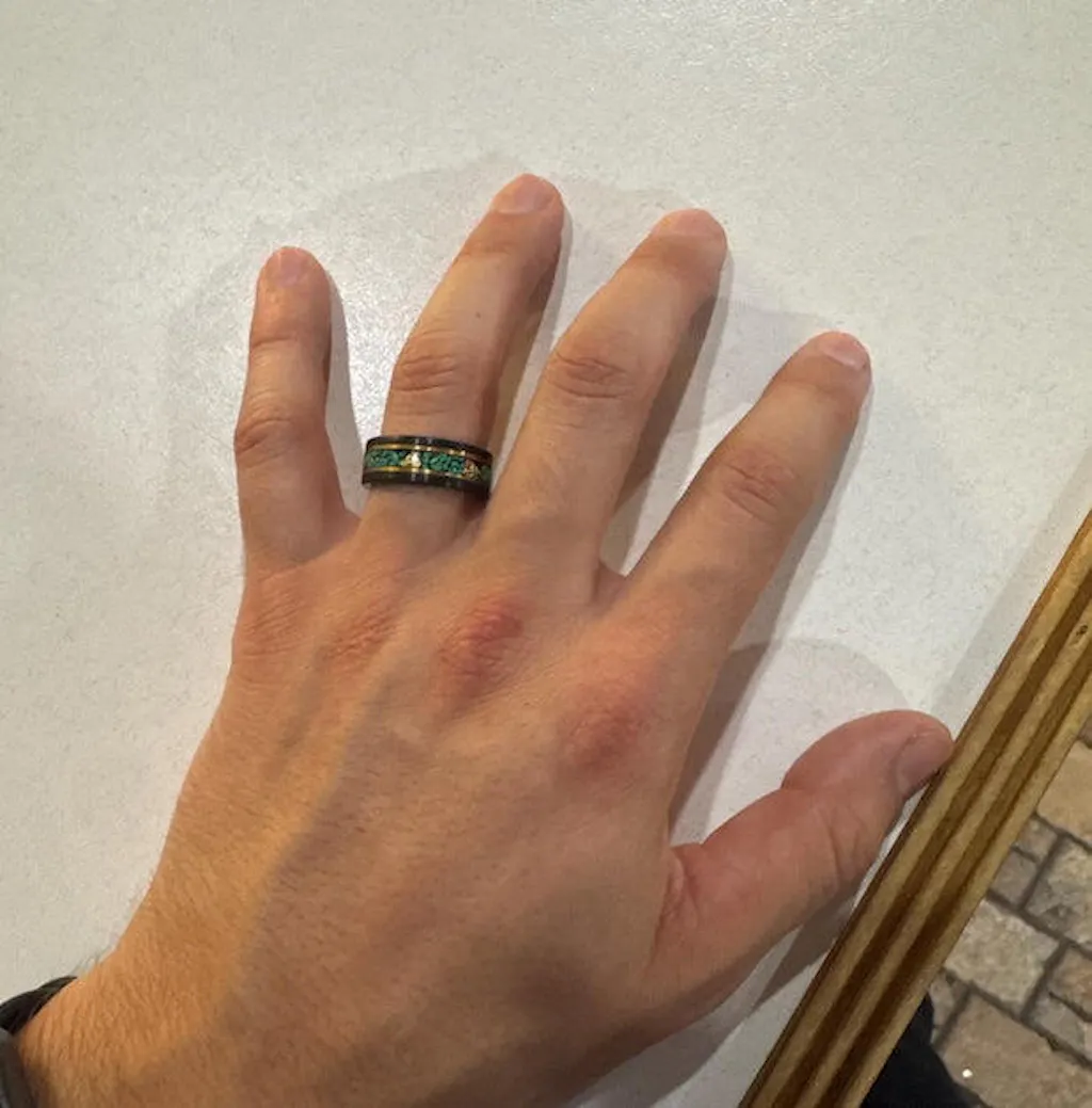 8mm Black Tungsten Ring with Emerald Green Opal and Gold Leaf Inlay – Men's Wedding or Statement Band