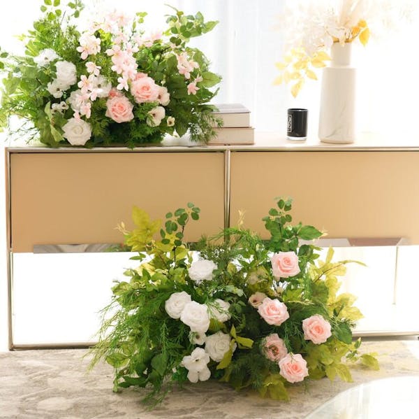 A9034 Pink White Greenery Floral Row Hang Flower Wedding Backyard Aisle Decor