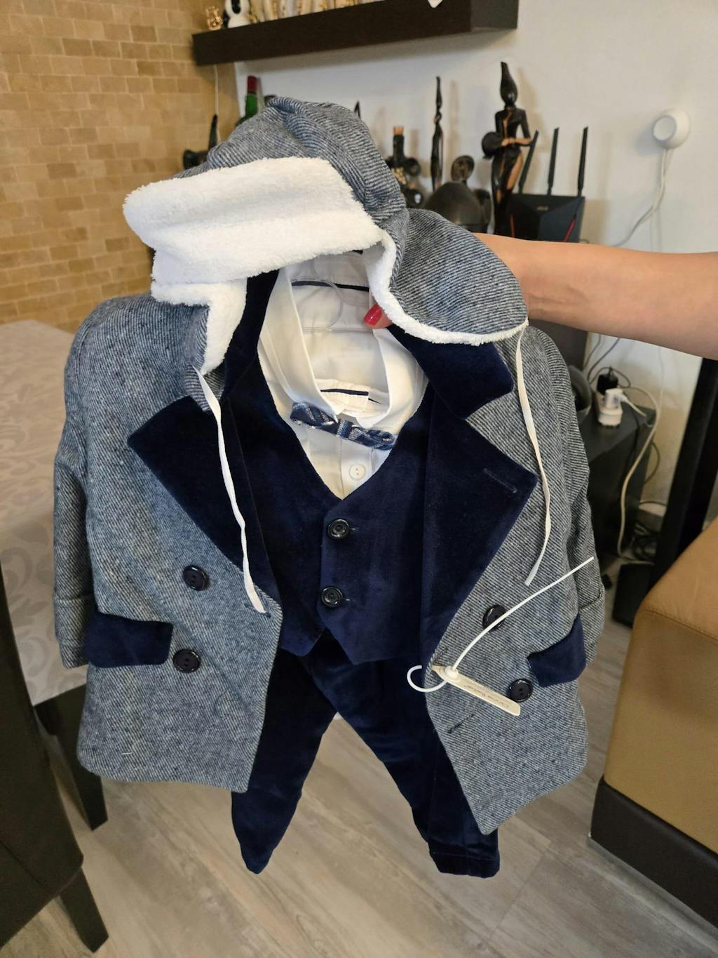 Costum Virgil Jacheta Cu Rever Pantalon Si Vesta Catifea Bleumarin AnneBebe