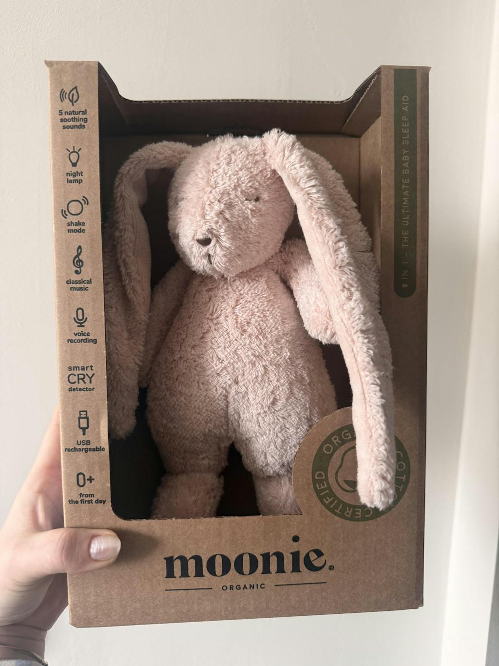 Iepuras Bebe Jucarie Muzicala cu Lampa de Veghe Incorporata Bumbac Organic Rose Natur Moonie 2.0