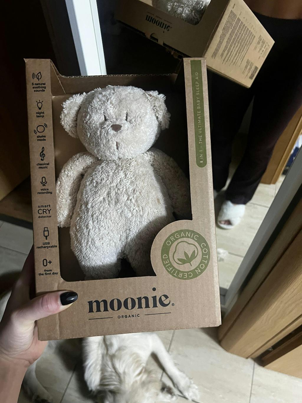 Ursulet Bumbac Organic Jucarie Muzicala cu Lampa de Veghe Incorporata Crem Sand Bej Moonie 2.0