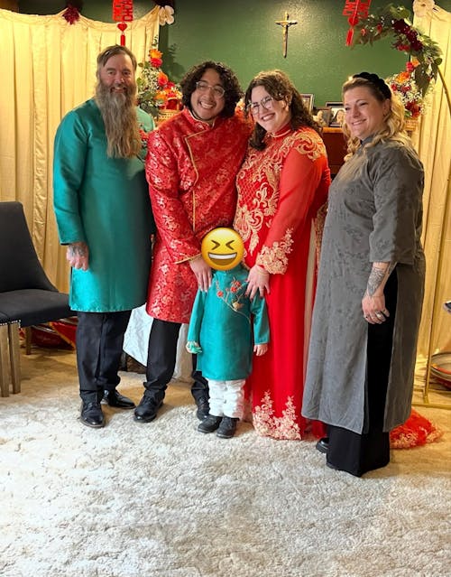 Cat Tuong - Family Cream/Turquoise Ribbon Matching Ao Dai Set (No Tassel) 30-31A