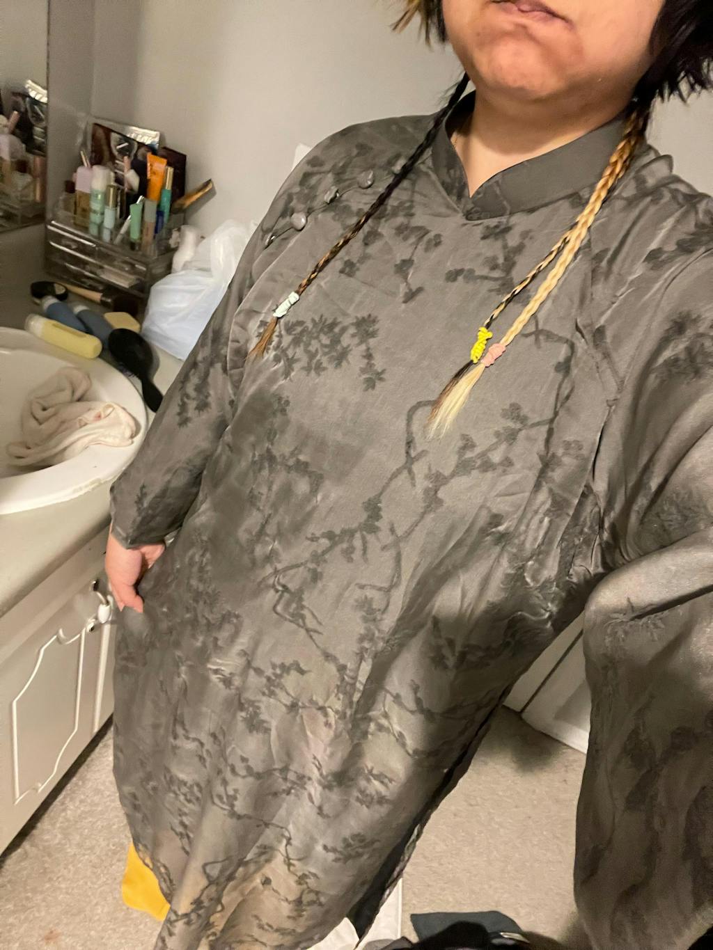 Charcoal Shifted Bamboo Hidden Patterns with Buttons Ao Dai Top Only, NO PANTS 12B