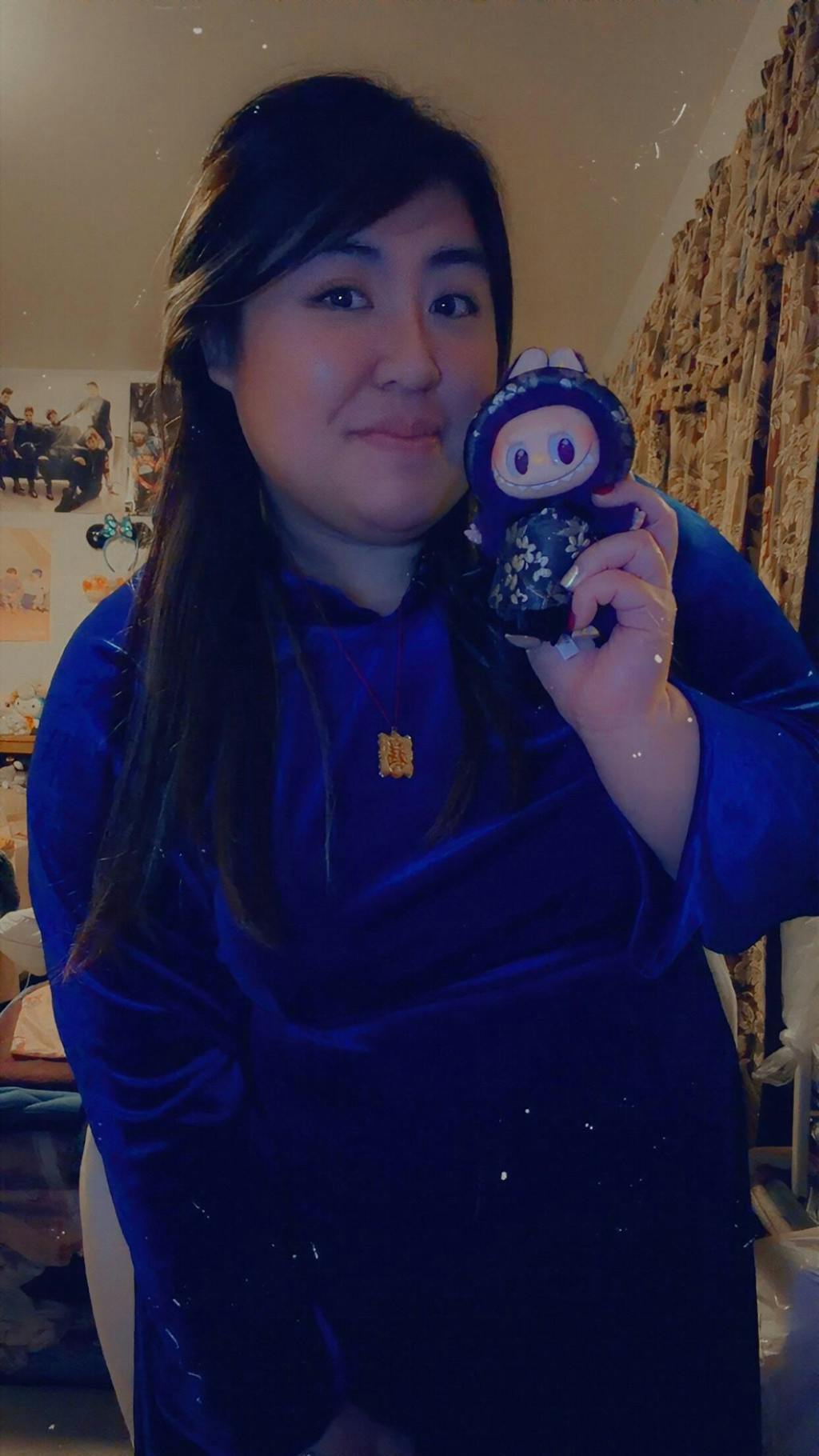 Ink Blue Velvet Plain High Collar Ao Dai Top Only, NO PANTS