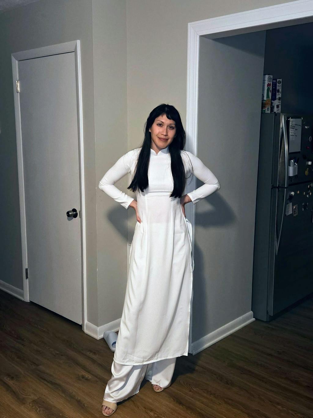 White Chiffon Plain High Collar Ao Dai Top, NO PANTS 25D