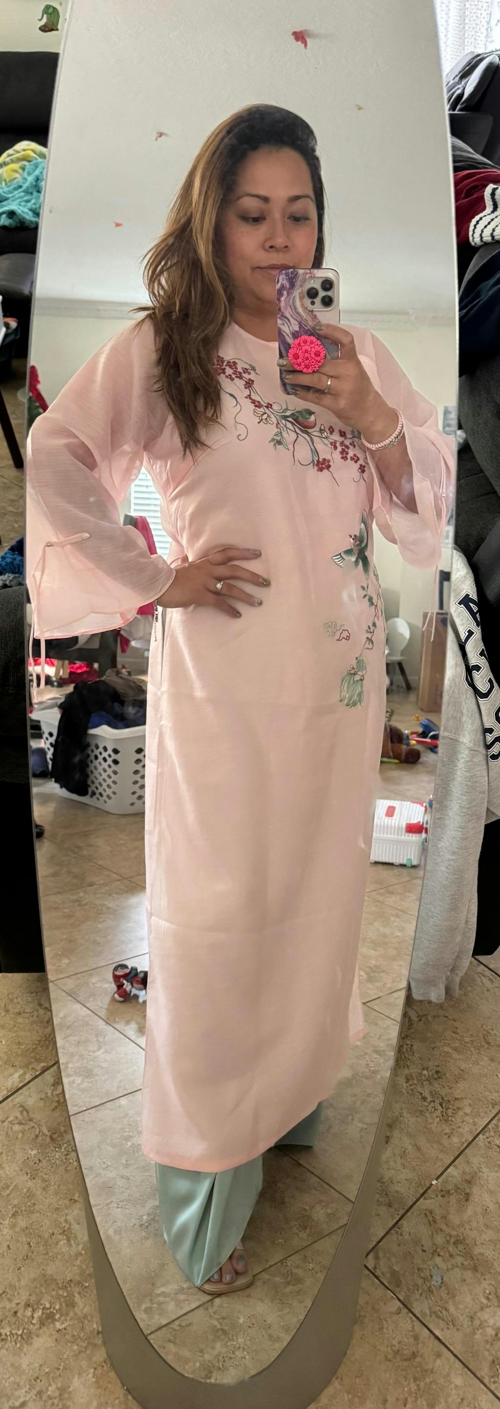 Nhu Mai - Pink Embroidery Branches Round Collar Ao Dai Set 12A