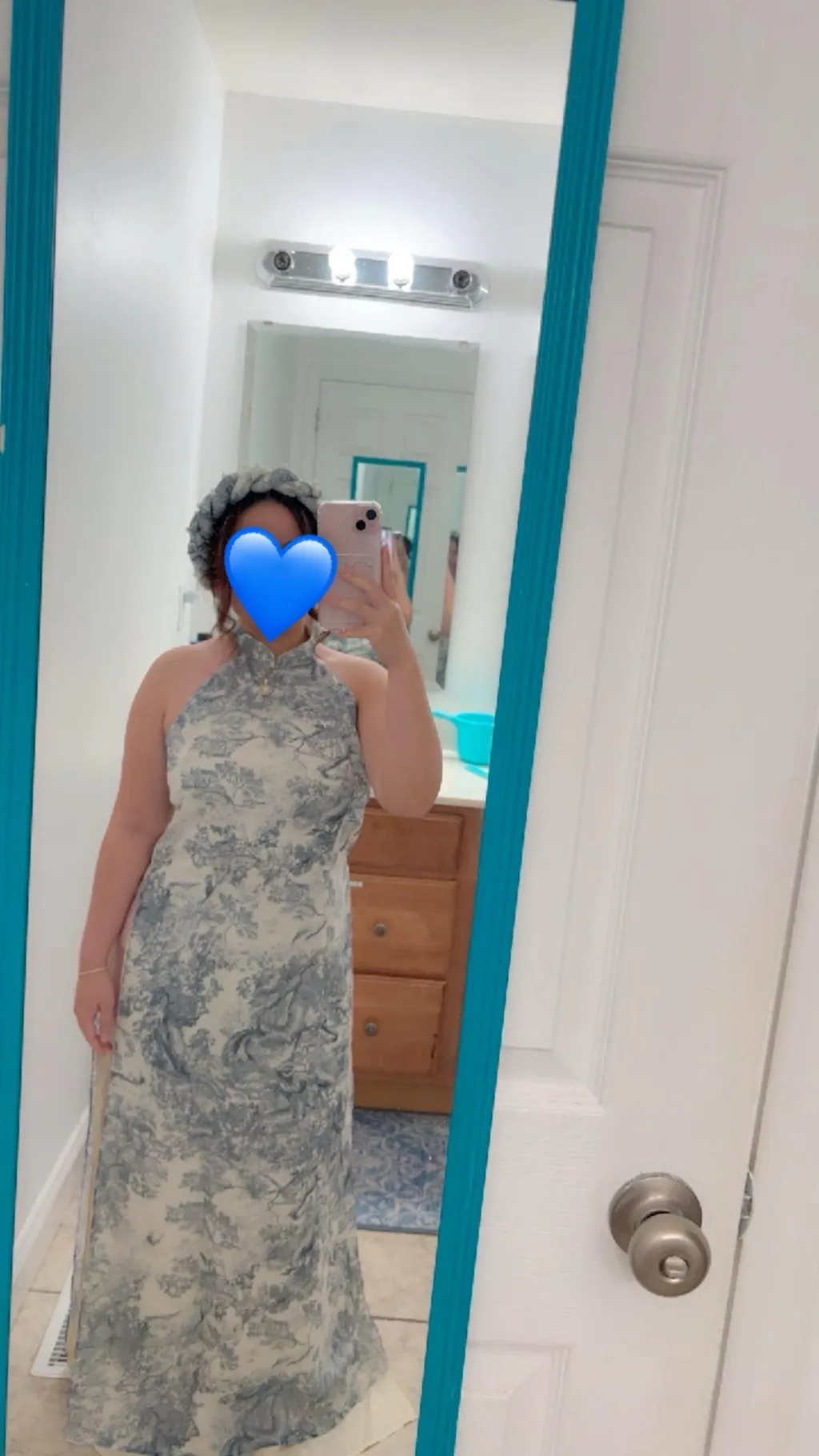 Blue Printed Sleeveless Yem-Inspired Ao Dai Top and Headband, No Pants, No Scarf 5A