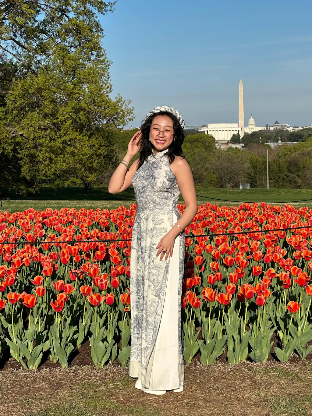 Blue Printed Sleeveless Yem-Inspired Ao Dai Top and Headband, No Pants, No Scarf 5A